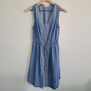 Knox Rose Dress Embroidered Chambray Sleeveless Women's XS Elastic Waist